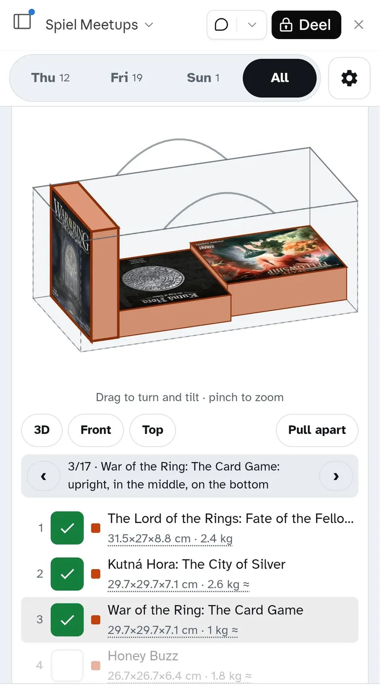 Schermafbeelding van de Spiel-app: een 3D-model van een Frakta-tas met drie spellendozen erin en een paklijst eronder