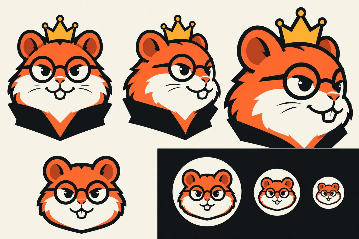 De phreakyhamster in verschillende maten: met kroon, zonder kroon en als rond icoon op donker